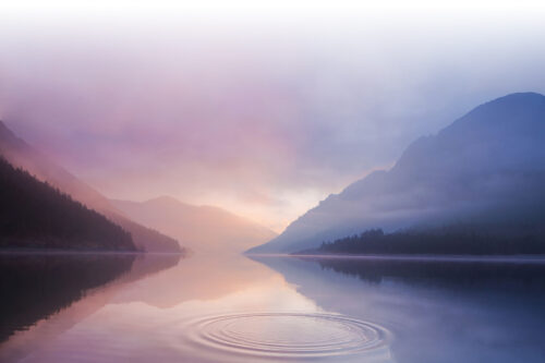 purple lake mountains fog fade