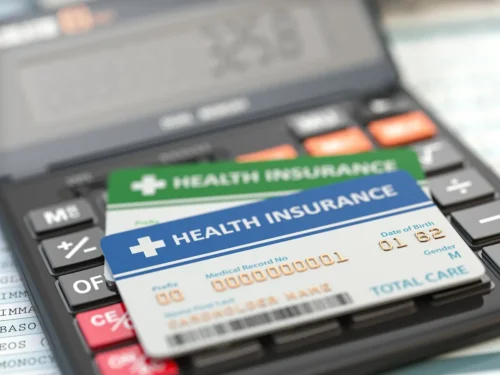 Health Insurance cards laying on top of a calculator
