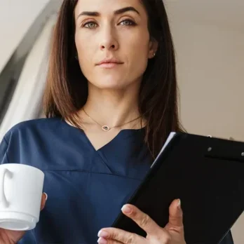 Patient advocate reviewing records with a cup of coffee