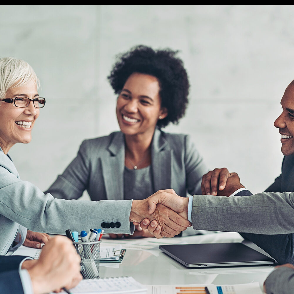 Businesswoman and businessman shaking hands across the table